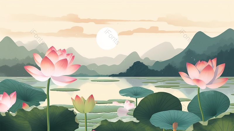 夏季湖泊岸边盛开的花朵,插画/手绘图,插画/手绘图库,插画/手绘图下载,插画/手绘